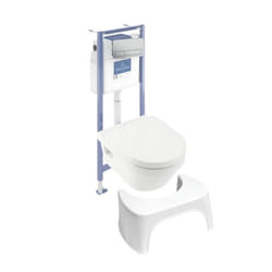 Pack WC sans bride Architectura abattant + bâti-support sol et mur + plaque chromée mat + Tabouret blanc