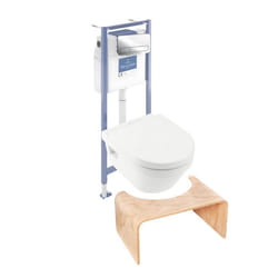 Pack WC sans bride Architectura abattant + bâti-support sol et mur + plaque chromée brillant + Tabouret bois