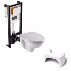 Avantages du pack WC suspendu sans bride Patio Pratique : pack tout en un, livré avec bâti support, plaque de commande et aba ...