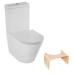 Wc au sol sans bride Jacob Delafon Rodin+ sortie vario avec abattant + tabouret physiologique bois