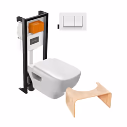 Pack WC suspendu sans bride Struktura+ bâti-support + plaque blanc + tabouret bois