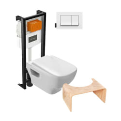 Pack WC suspendu sans bride Struktura+ bâti-support + plaque blanc + tabouret bois