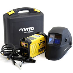 Poste à souder inverter 140 Ampères + Cagoule lcd 9/13 + Lot 12 électrodes Acier ø 2.5mm gants de soudure Vito
