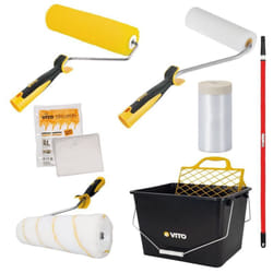Kit 7 outils Peinture Vito Seau 16L Film masquage Bâche de protection 2 rouleaux Rouleau finition Manche téléscopique