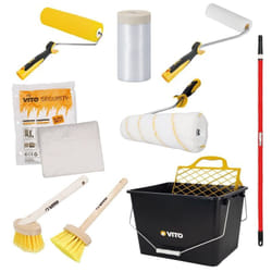 Vito - kit 9 outils Peinture Seau 16L. Film masquage Bâche protection 2 rouleaux Rouleau finition Manche téléscopique 2 Brosses