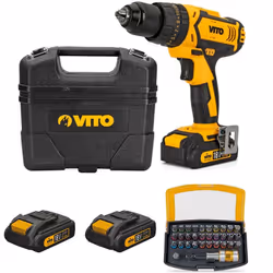 Pack perceuse/visseuse à batterie lithium 18V VITO chargeur, 2 batteries 2 Ah + coffret de vissage 32 accessoires. La perceus ...