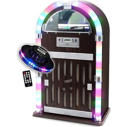 Chaîne Hifi Jukebox Retro 60W avec tourne disque vinyle Bluetooth CD FM + télécommande Jeu de lumière OVNI LED