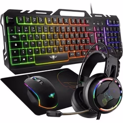 Pack gaming Clavier Souris Casque et tapis PRO-MKH5 rétro éclairé RGB - Souris 7 boutons 6200 dpi - Clavier Semi-méca