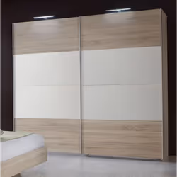 Armoire imitation chêne, rechampis blanc à 2 portes coulissantes de 2 penderies et de 2 compartiments de rangement dans son i ...