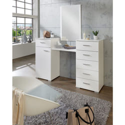 Coiffeuse blanche en panneaux de particules, 1 porte et 6 tiroirs - Longueur 165 x Hauteur 102 x Profondeur 41 cm Pegane
