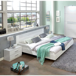 Pegane - Lit adulte avec 2 chevets coloris blanc, rechampis verre blanc + chrome - Dim: 140 x 200 cm