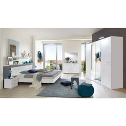 Pegane - Chambre adulte complète, coloris blanc, rechampis verre blanc + chrome - Dim : 180 x 200 cm