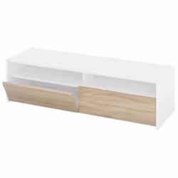 Meuble TV en panneaux de particules blanc des Alpes et décor chêne canadien. Style et design contemporain avec 2 portes abatt ...
