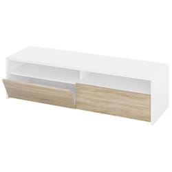 Pegane - Meuble tv décor blanc et chêne - Dim : l 130 x p 42 x h 36 cm