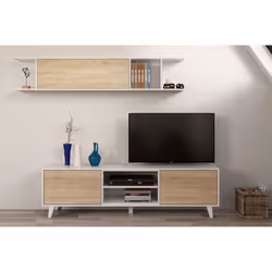 Ensemble TV coloris blanc brillant et chêne canadien. Style scandinave. Cet ensemble est composé de : un élément haut avec po ...