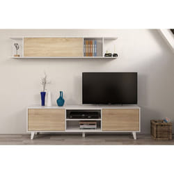 Ensemble tv coloris blanc brillant et chêne canadien - Dim : 51 x 41 x 180 cm Pegane