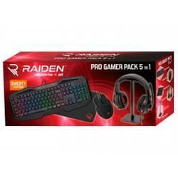 Raiden - Pack daccessoires gaming 5 en 1 pour PC - Clavier QWERTY - Souris - Tapis - Casque et Stand pour casque