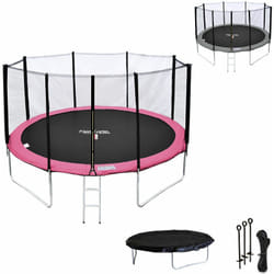 Pack Premium Trampoline 370cm réversible rose / gris perth + filet, échelle, bâche et kit d'ancrage - Happy Garden