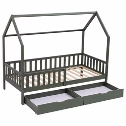 Lit cabane pour enfant 190x90cm vert avec tiroirs MARCEAU