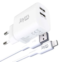 Jaym Pack Chargeur Secteur 2 USB-A 2.4A 12W avec Câble USB-A vers Lightning 2m Blanc