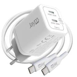Jaym Chargeur Secteur 2 USB-C GaN 65W PD-PPS avec Câble USB-C vers USB-C 100W 2m Blanc