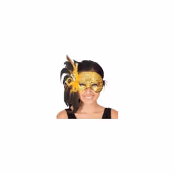 Masque loup venitien dore avec sequins or et plumes noires Adulte - Mascarade Carnaval