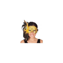 Masque loup venitien dore avec sequins or et plumes noires Adulte - Mascarade Carnaval