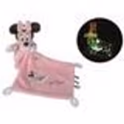 Peluche Minnie avec Mouchoir Phosphorescente Rose 17 Cm - Disney - Doudou Brille Dans La Nuit Blanc et Rose -
