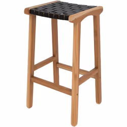 Tabouret pour îlot central 68 cm en teck et cuir tressé noir - Kuna