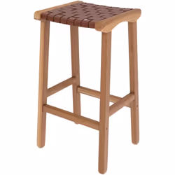 Tabouret de bar mi-hauteur en teck et cuir tressé marron 68 cm - Kuna - Dans un salon, une pièce à vivre ou un salon, le tabo ...