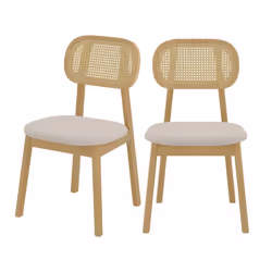 Lot de 2 chaises en bois clair, tissu beige et rotin synthétique - Maria
