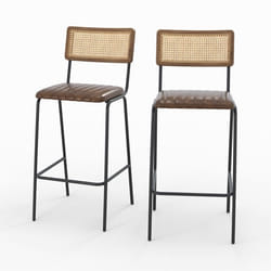 Lot de 2 chaises de bar 76 cm en cannage et cuir marron - Arsène