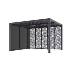 Pergola bioclimatique per 36M30V bi Habrita Foresta alu 10,8m2 gris avec panneaux moucharabieh côté 3,60m et ventelles latérales mobiles côté 3m
