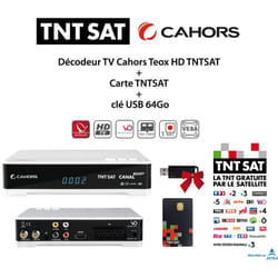 Pack Décodeur tv Cahors Teox hd tntsat + Carte tntsat + clé usb 64Go - Blanc, noir