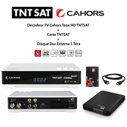 Pack Décodeur tv Cahors Teox hd tntsat + Carte tntsat + Disque Dur Externe 1 Téra - blanc
