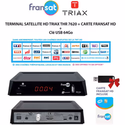 Pack TERMINAL SATELLITE HD TRIAX THR 7620 + CARTE FRANSAT HD + Clé USB 64Go Le récepteur TRIAX THR 7620 permet la réception e ...