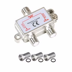 Pack REPARTITEUR ANTENNE TV ou Sat 1 Entree 2 Sorties 5-2300 MHz + 3 Fiches F Argent Ce répartiteur permet de répartir un sig ...