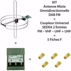 KIT Antenne mixte omnidirectionnelle DAB FM + Coupleur Universel SEDEA 2 Entrées FM – VHF – UHF + UHF + 5 Fiches F Antenne mi ...
