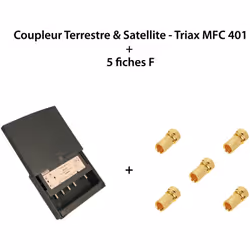 Coupleur Terrestre & Satellite - Triax MFC 401 + 5 fiches F Coupleur 4 entrées : - E1 = FM ; - E2 = VHF & DAB et DC commutabl ...
