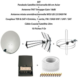 M-e - Kit Parabole sat 80cm+Antenne TNT+Antenne Omni dab FM+Coupleur 4 Entrées fm dab-vhf uhf sat+lnb Single+Câble Coax 20m+10 Fiches f Or - Blanc