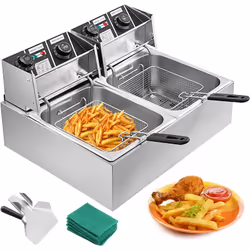 Double Friteuse Electrique Professionnelle 2 Cuve Inox Frites 2 x 10L 5000W Acier Cette friteuse électrique à double réservoi ...