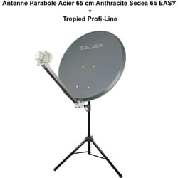 Kit Parabole Acier 65 cm Anthracite Sedea + Trepied Réglable jusqu'à 180 cm - Gain 36,5 dB, Facteur de Bruit 0,1 dB, Montage facile - Anthracite