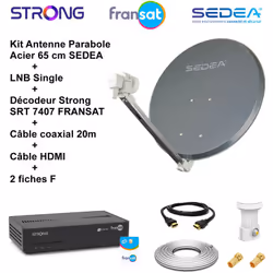 Kit Parabole Acier 65 cm Anthracite + LNB Single Full HD 4K + Décodeur SRT 7407 FRANSAT + Câble coax 20m + Câble HDMI + 2 fic ...