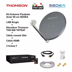 Kit Parabole Acier 65 cm - SEDEA - LNB Single Full HD 4K - Décodeur THS 806 TNTSAT - Câble HDMI 20m