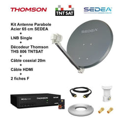 Kit Parabole Acier 65 cm - SEDEA - LNB Single Full HD 4K - Décodeur THS 806 TNTSAT - Câble HDMI 20m