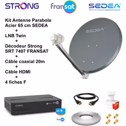 Kit Parabole Acier 65 cm Anthracite + LNB Twin 0,1 dB HD + 2 Décodeurs Strong SRT 7407 + Câble coaxial 20m + Câble HDMI + 4 f ...