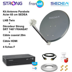 Kit Parabole Acier 65 cm Anthracite + lnb Twin 0,1 dB hd + 2 Décodeurs Strong srt 7407 + Câble coaxial 20m + Câble hdmi + 4 fiches f - Anthracite