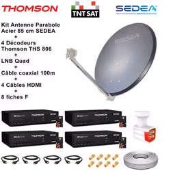 Kit Parabole Acier 80 cm Anthracite + LNB Quad HD 4K + 4 Décodeurs THOMSON TNTSAT + Câble coax 100m + 4 Câbles HDMI + 8 Fiche ...