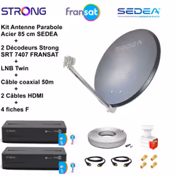 Kit Parabole Acier 85 cm Anthracite + LNB Twin HD 4K + 2 Décodeurs SRT 7407 FRANSAT + Câble coax 50m + 2 Câbles HDMI + 4 Fich ...
