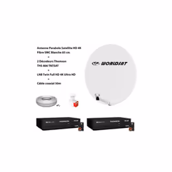 Antenne Parabole Satellite HD 4K Fibre SMC Blanche 85cm WORLDSAT + 2 Décodeurs Thomson THS 806 TNTSAT + LNB Twin Full HD 4K U ...